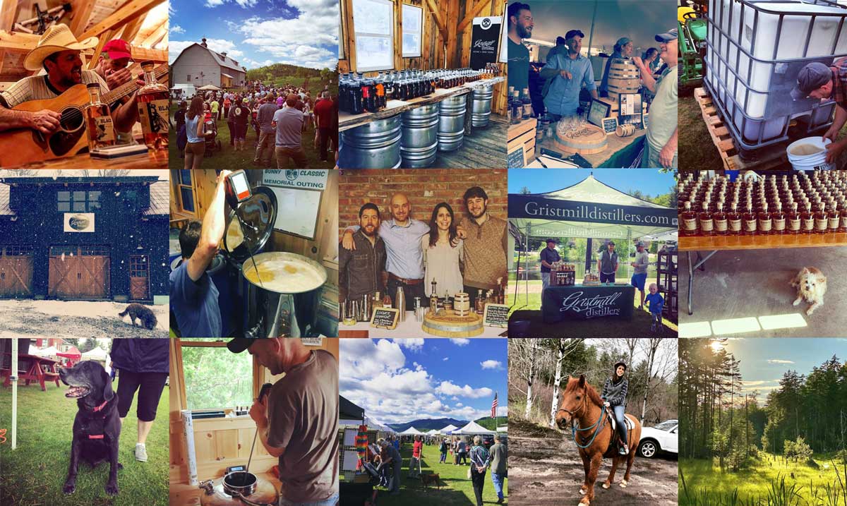 A collage of Gristmill Distillers people, events, production, and Adirondack life